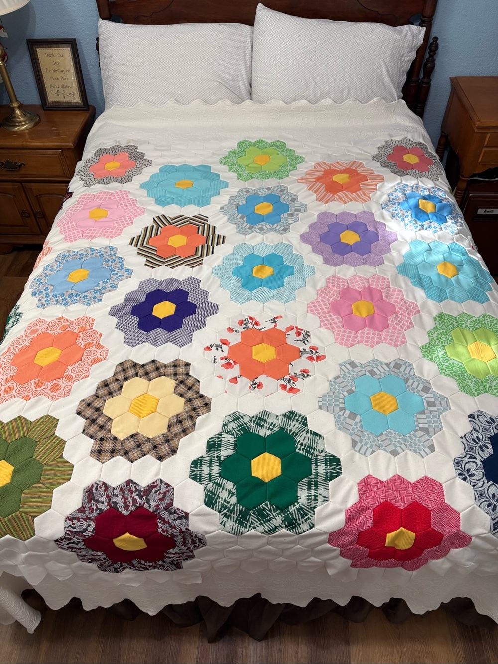 Unfinished queen sHandmade Floral Hexagon Quilt in White with Multi-Color Flower